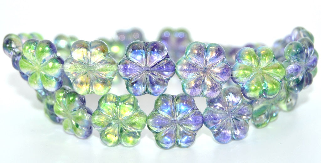 6-Petal Flower Pressed Glass Beads, Crystal Glossy Purple Green (00030-48106), Glass, Czech Republic
