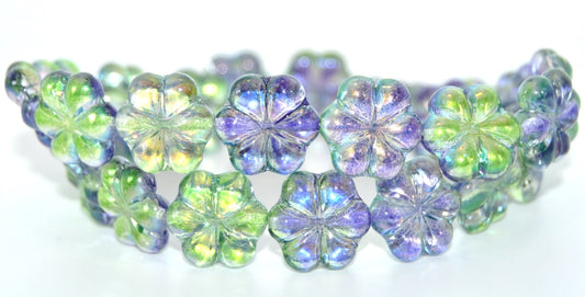 6-Petal Flower Pressed Glass Beads, Crystal Glossy Purple Green (00030-48106), Glass, Czech Republic