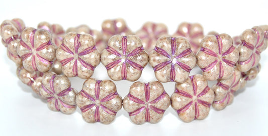 6-Petal Flower Pressed Glass Beads, White Stain Strong Pink Lined 34301 (02010-86805-43807-34301), Glass, Czech Republic