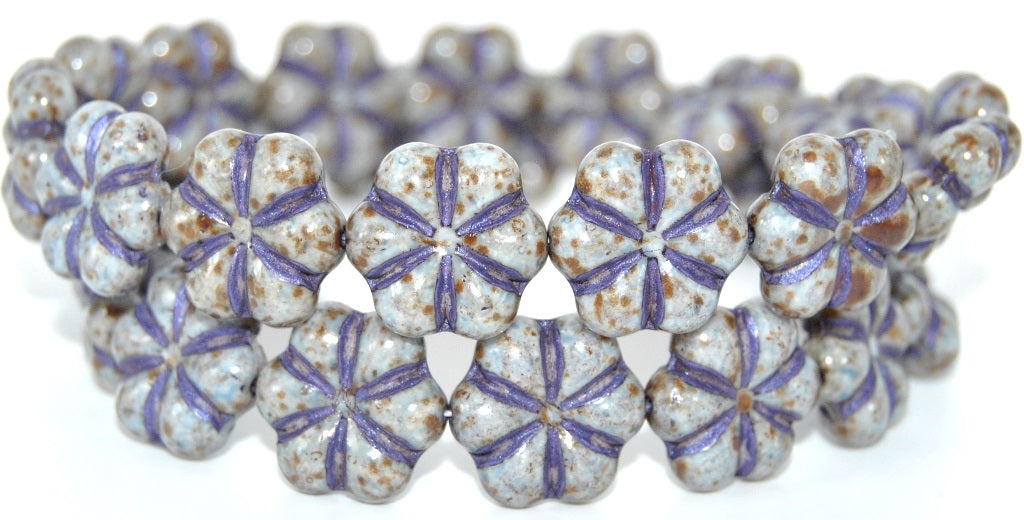 6-Petal Flower Pressed Glass Beads, White Stain Strong 43810 34307 (02010-86805-43810-34307), Glass, Czech Republic