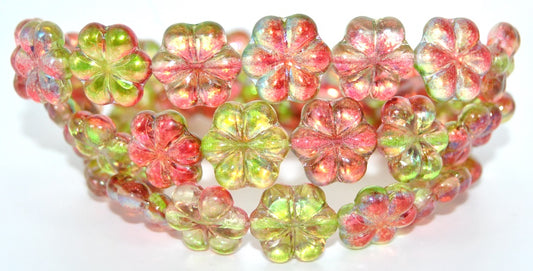 6-Petal Flower Pressed Glass Beads, Crystal Glossy Orange Green (00030-48117), Glass, Czech Republic