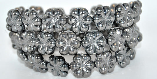 6-Petal Flower Pressed Glass Beads, Black Chrome 2Xside (23980-CHROME-2XSIDE), Glass, Czech Republic