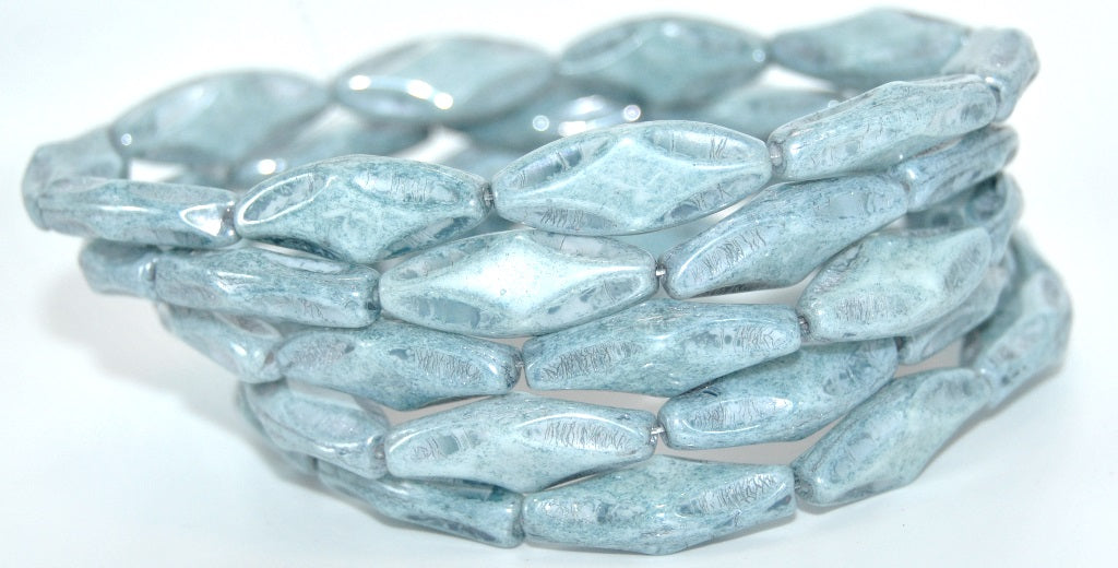 6-Petal Flower Pressed Glass Beads, White Luster Blue Full Coated (02010-14464), Glass, Czech Republic