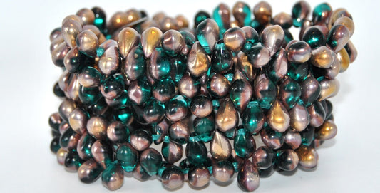 Pear Teardrop Pressed Glass Beads,Transparent Aqua Rose Gold Capri (60230-27101), Glass, Czech Republic