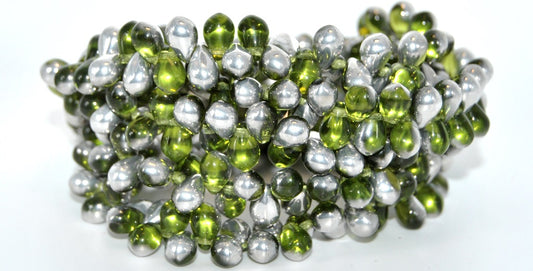 Pear Teardrop Pressed Glass Beads,Transparent Green Emerald Crystal Silver Half Coating (50730-27001), Glass, Czech Republic