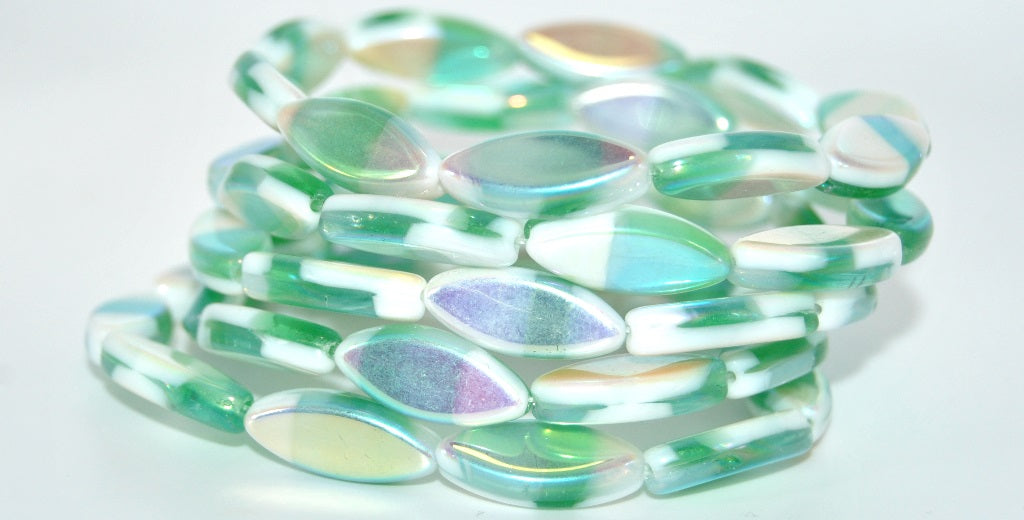 Boat Oval Pressed Glass Beads,Opal Green Ab 2Xside (520102010-AB-2XSIDE), Glass, Czech Republic