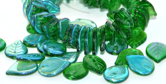 Leaf Pressed Glass Beads,Transparent Green Ab (50130-AB), Glass, Czech Republic