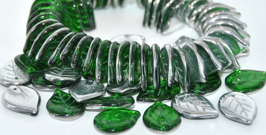 Leaf Pressed Glass Beads,Transparent Green Crystal Silver Half Coating (50130-27001), Glass, Czech Republic
