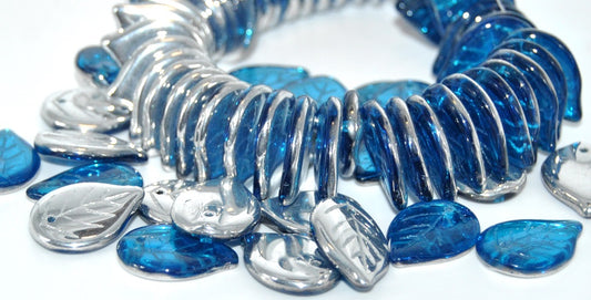 Leaf Pressed Glass Beads,Transparent Aqua Crystal Silver Half Coating (60050-27001), Glass, Czech Republic