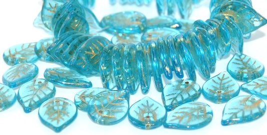 Leaf Pressed Glass Beads,Transparent Aqua 54202S (60020-54202S), Glass, Czech Republic