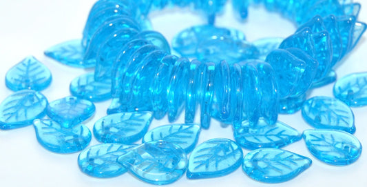 Leaf Pressed Glass Beads,Transparent Aqua Light Blue Lined (60020-46460), Glass, Czech Republic