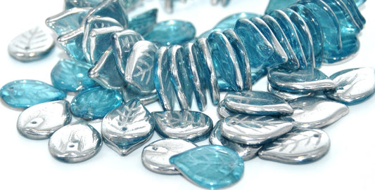 Leaf Pressed Glass Beads,Transparent Aqua Crystal Silver Half Coating (60020-27001), Glass, Czech Republic