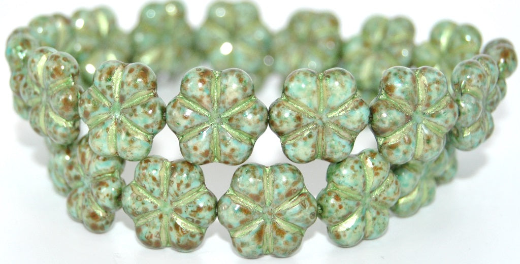 6-Petal Flower Pressed Glass Beads, White Stain Strong 43813 34308 (2010-86805-43813-34308), Glass, Czech Republic