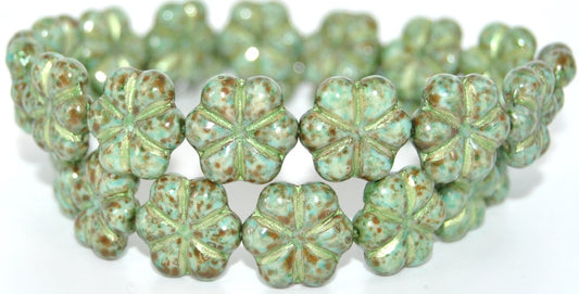 6-Petal Flower Pressed Glass Beads, White Stain Strong 43813 34308 (2010-86805-43813-34308), Glass, Czech Republic