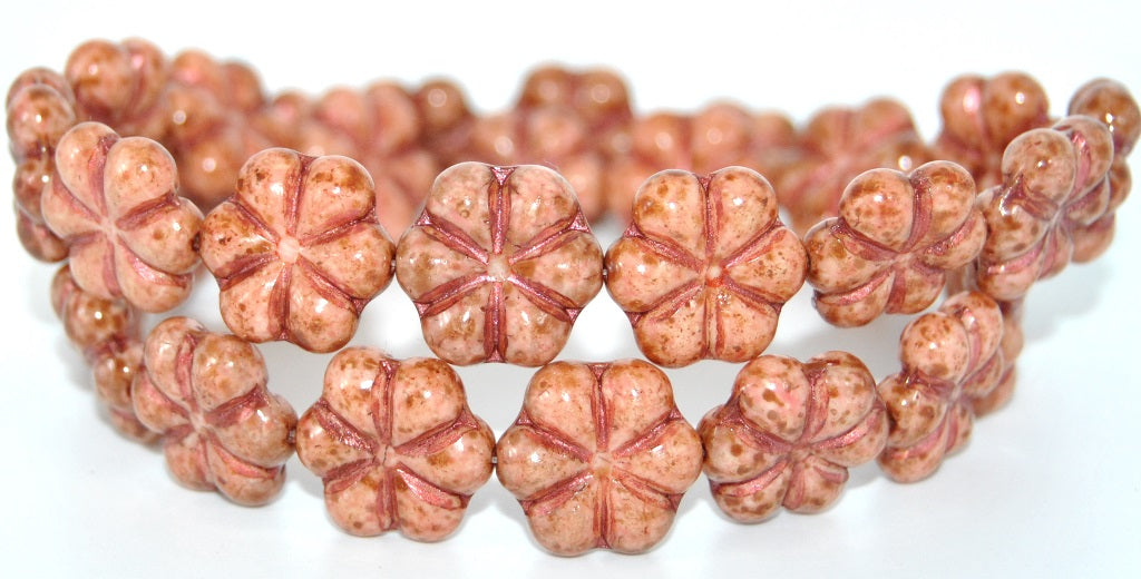 6-Petal Flower Pressed Glass Beads, White 34304 Stain Strong Copper Lined (2010-34304-86805-43806), Glass, Czech Republic
