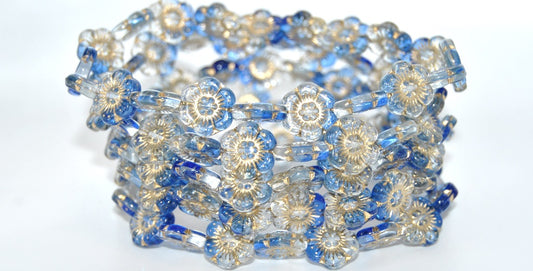 Flower Pressed Glass Beads,Transparent Blue Gold Lined (3001006-54202), Glass, Czech Republic