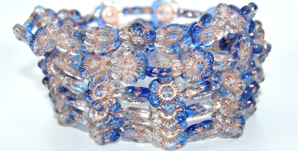 Flower Pressed Glass Beads,Transparent Blue Copper Lined (3001006-54200), Glass, Czech Republic
