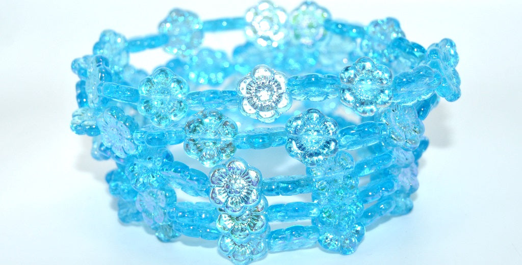 Flower Pressed Glass Beads,Transparent Aqua Ab (60020-AB), Glass, Czech Republic