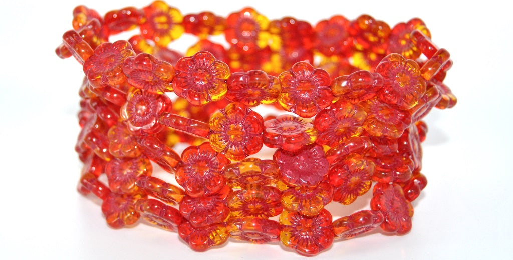 Flower Pressed Glass Beads,90068002 Red Lined (90068002-46490), Glass, Czech Republic