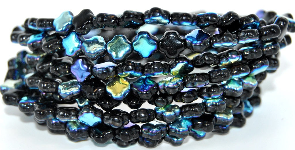 Cross Pressed Glass Beads,Black Ab (23980-28701), Glass, Czech Republic