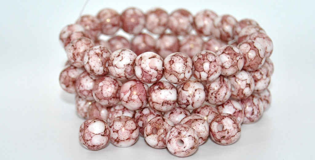 Round Pressed Glass Beads Druck with Big Hole,White Terracotta Red (02010-15495), Glass, Czech Republic