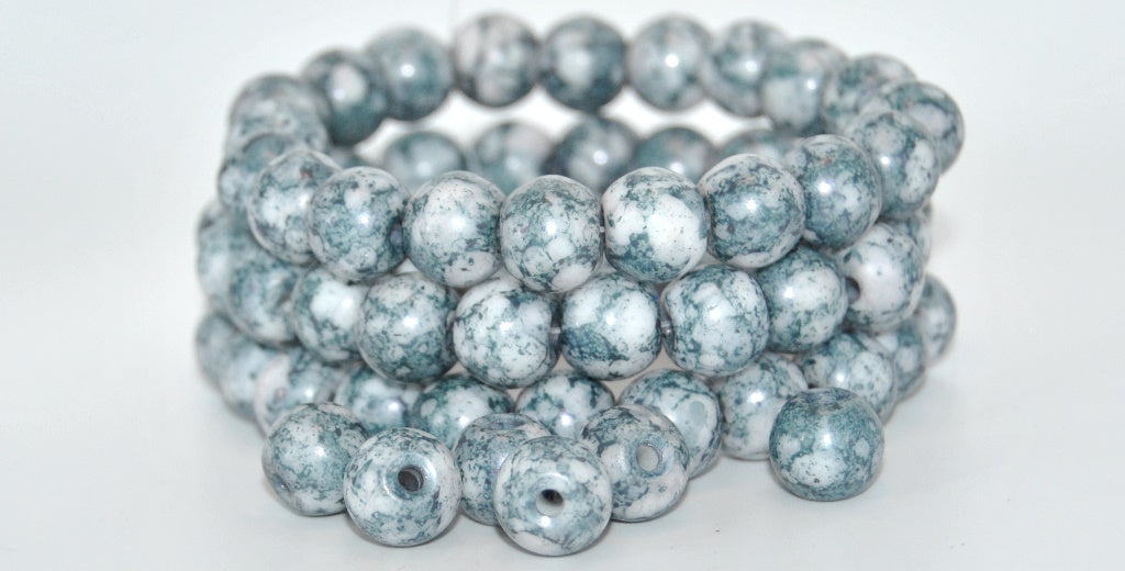 Round Pressed Glass Beads Druck with Big Hole,White Terracotta Blue (02010-15464), Glass, Czech Republic