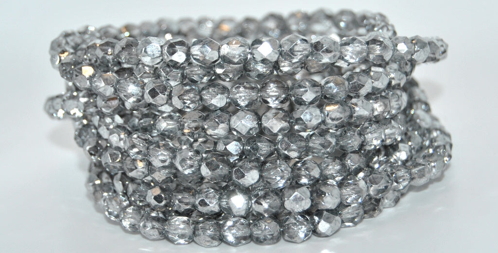 Fire Polished Round Faceted Beads,Crystal Silver Half Coating 34311 (27001-34311), Glass, Czech Republic