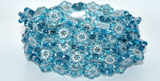 Flower Pressed Glass Beads,Transparent Aqua Silver Lined (60020-54201), Glass, Czech Republic