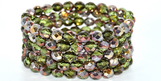 Fire Polished Round Faceted Beads,Emerald Green Rose Gold Capri (50120-27101), Glass, Czech Republic