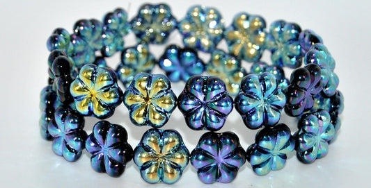 6-Petal Flower Pressed Glass Beads,Black Ab 2Xside (23980-AB-2XSIDE), Glass, Czech Republic