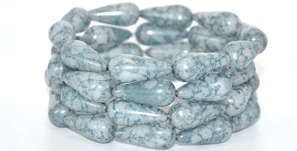 Pear Drop Pressed Glass Beads,Opal White Terracotta Blue (01000-15464), Glass, Czech Republic