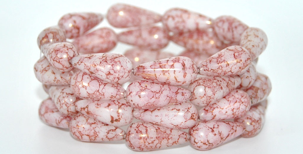 Pear Drop Pressed Glass Beads,Opal White Terracotta Red (01000-15495), Glass, Czech Republic