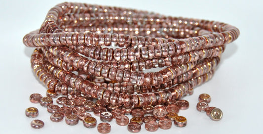 Flat Round Wheel Pressed Glass Beads,Crystal Rose Gold Capri (00030-27101), Glass, Czech Republic