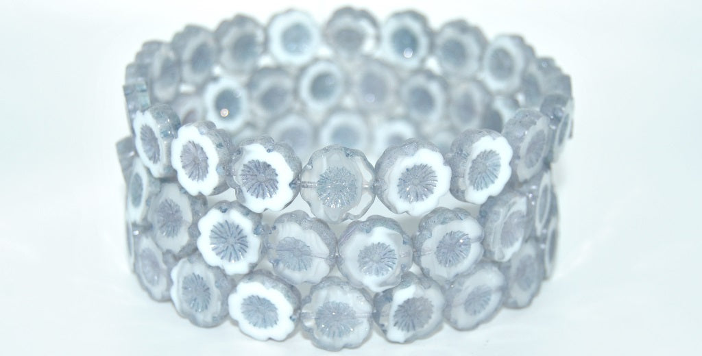 Table Cut Round Beads Hawaii Flowers,Mix Crystal White Luster Blue Full Coated (06008-14464), Glass, Czech Republic