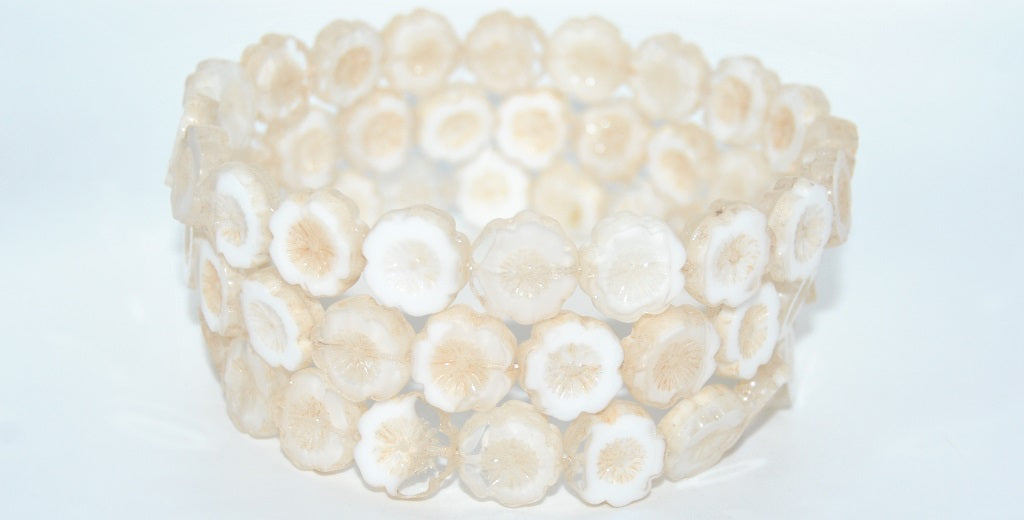 Table Cut Round Beads Hawaii Flowers,Mix Crystal White Luster Beige (06008-14410), Glass, Czech Republic