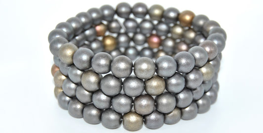 Round Pressed Glass Beads Druck,Gray Gold Zink Metallic Iris (01670), Glass, Czech Republic