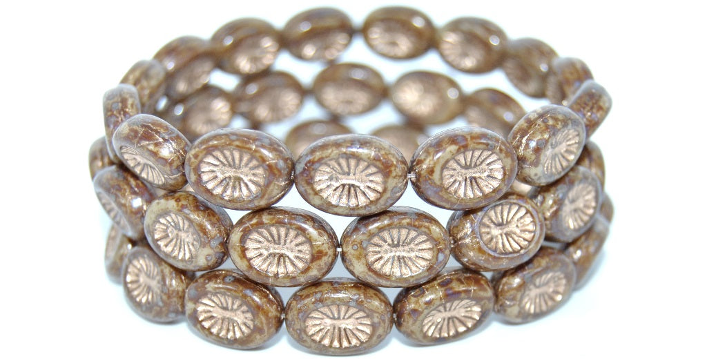 Oval Kiwi Pressed Glass Beads,14020 Travertin Copper Lined (14020-86800-54200), Glass, Czech Republic