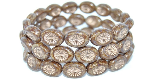 Oval Kiwi Pressed Glass Beads,14020 Travertin Copper Lined (14020-86800-54200), Glass, Czech Republic