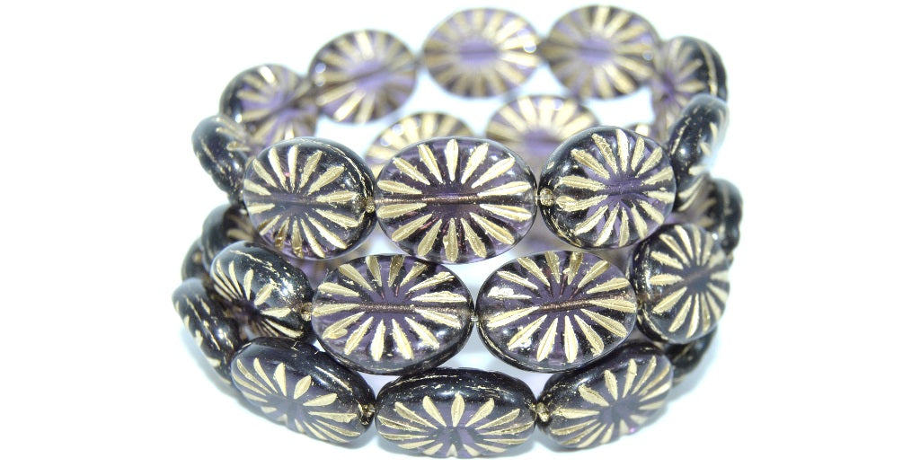 Flat Oval Pressed Glass Beads With Rays,Transparent Light Amethyst Gold Lined (20500-54202), Glass, Czech Republic