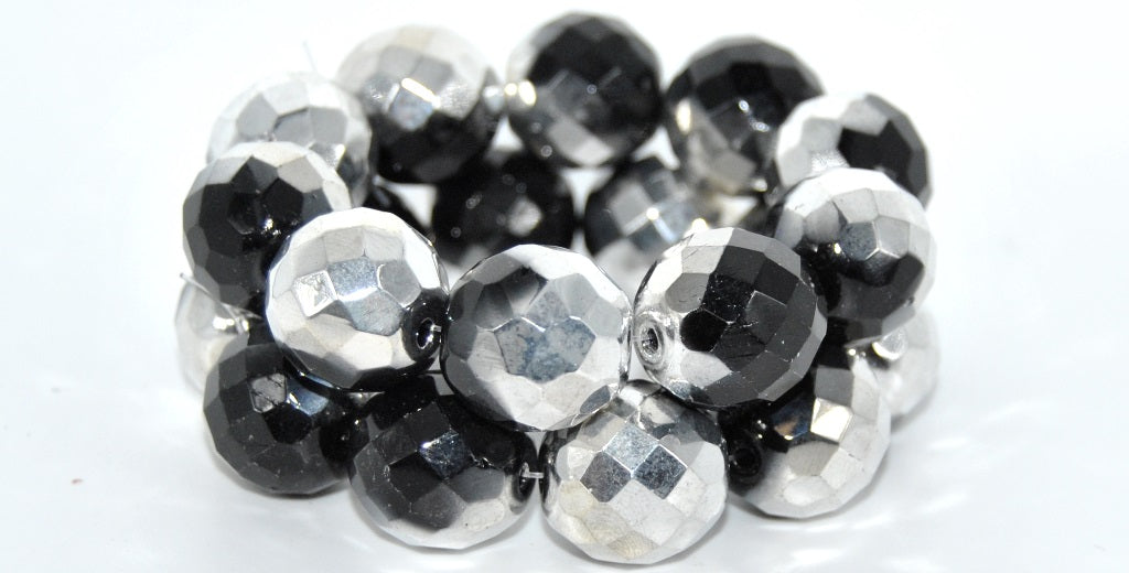 Fire Polished Round Faceted Beads,Black Crystal Silver Half Coating (23980-27001), Glass, Czech Republic