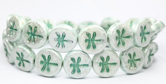 Round Flat Wit Dragonfly Pressed Glass Beads,White Light Blue Lined 34301 (02010-43811-34301), Glass, Czech Republic