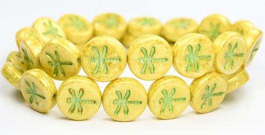 Round Flat Wit Dragonfly Pressed Glass Beads,White 43813 34302 (02010-43813-34302), Glass, Czech Republic