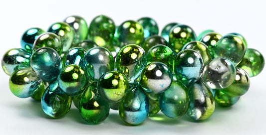 Pear Teardrop Pressed Glass Beads,Crystal Glossy Green Blue (00030-48210), Glass, Czech Republic