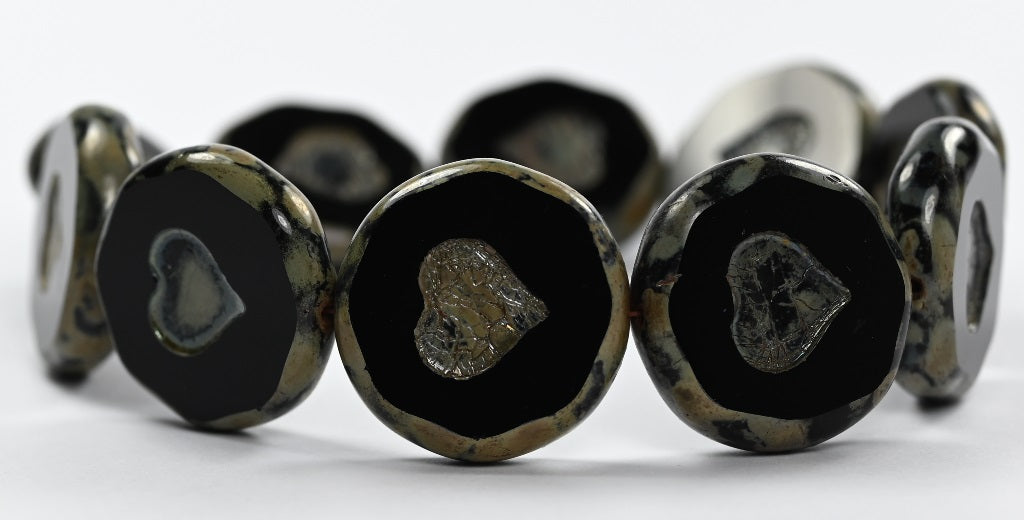 Table Cut Round Beads With Heart,Black Picasso (23980-43400), Glass, Czech Republic