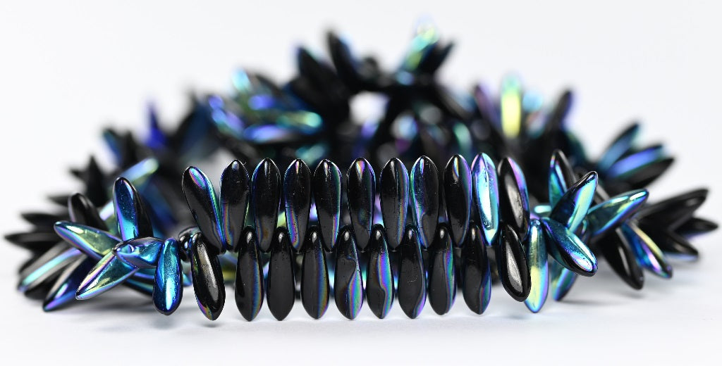 Dagger Pressed Glass Beads, Black Ab (23980-AB), Glass, Czech Republic