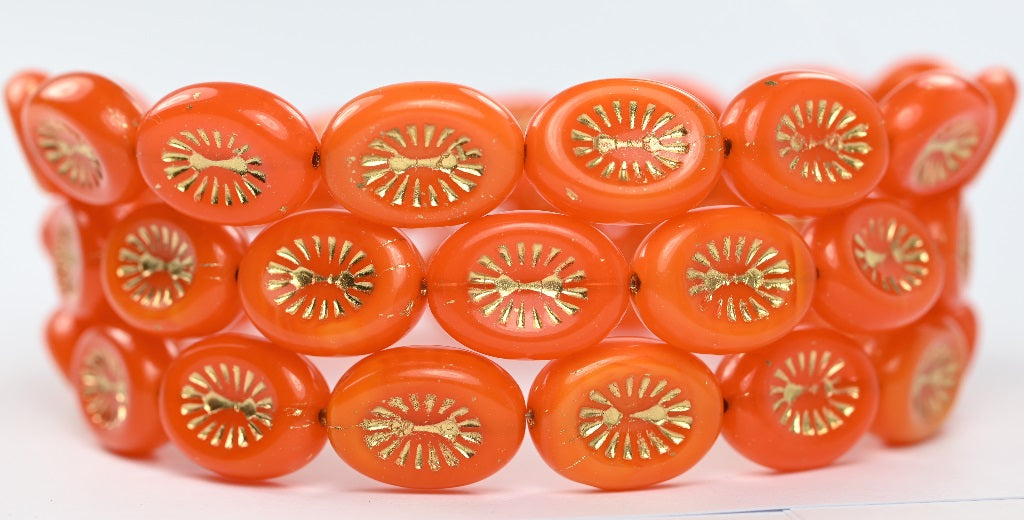 Oval Kiwi Pressed Glass Beads, Orange Gold Lined (81240-54202), Glass, Czech Republic