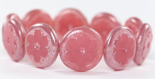 Table Cut Round Beads With Flower, Opal Pink Hematite (71010-14400), Glass, Czech Republic