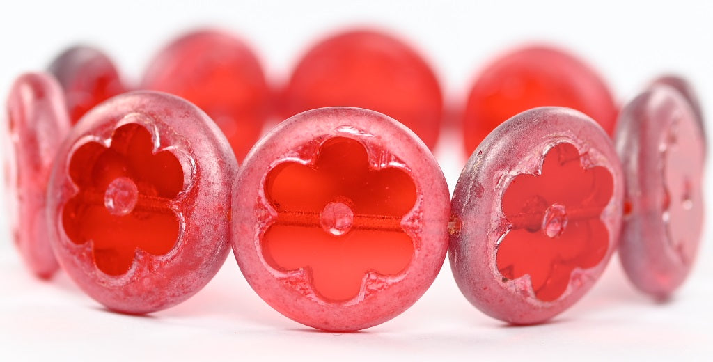 Table Cut Round Beads With Flower, Transparent Red Luster Cream (90090-14401), Glass, Czech Republic