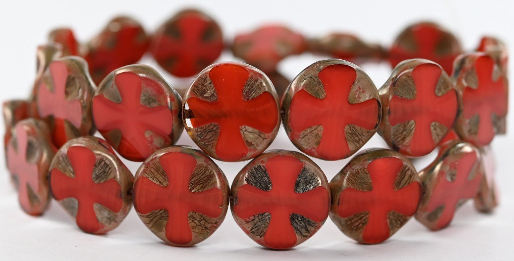 Table Cut Round Beads With Cross, Opaque Red Picasso (93200-43400), Glass, Czech Republic