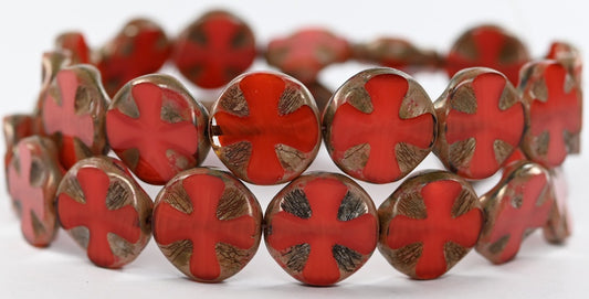 Table Cut Round Beads With Cross, Opaque Red Picasso (93200-43400), Glass, Czech Republic